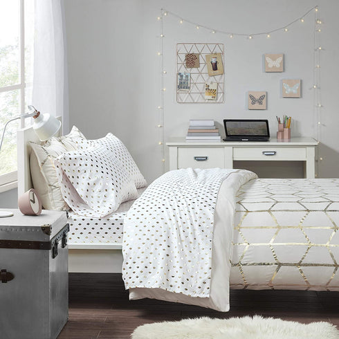 Intelligent Design ID20-1469Microfiber Wrinkle Resistant, Soft Sheets with 12" Pocket Modern, All Season, Cozy Bedding-Set, Matching Pillow Case, Twin, Metallic Dot White/Gold 3 Piece