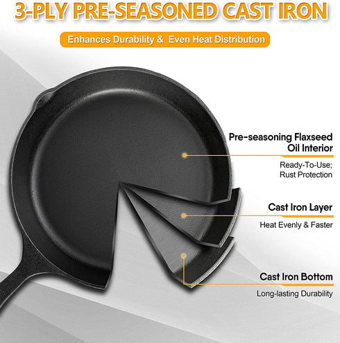 MICHELANGELO Cast Iron Skillet, 8 Inch Cast Iron Skillet With Lid, Preseasoned Small Skillet Oven Safe, Iron Skillets for Cooking with Silicone Handle & Scrapers - 8 Inch