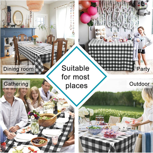Hiasan 60 x 84 Inch Checkered Tablecloth Rectangle - Wrinkle Resistant and Waterproof Table Cloth for Picnic, Dinner and Party, Washable Polyester Fabric, Black and White Gingham Pattern