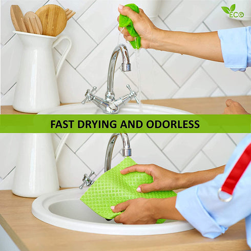 DOMI Super Absorbent Sponge Cloth Eco-Friendly Dishcloth for Kitchen 20x More Absorption 10Pcs Household Cleaning Cloths Reusable Cellulose Sponge Rags (Green)