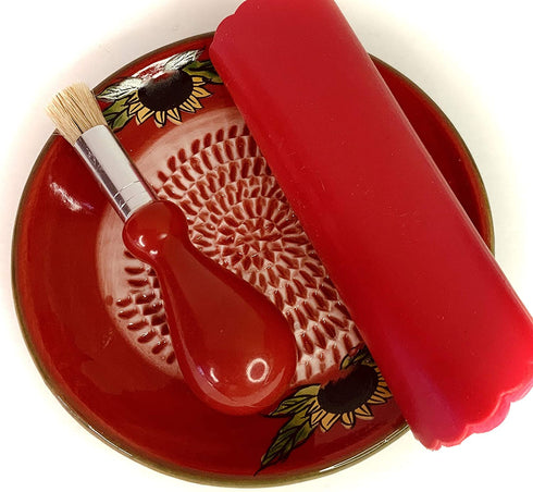 BonCera, All-in-one 4pcs Premium Ceramic Garlic Grater Set - HandMade, Red Sunflower Design Grater Plate w/Garlic Peeler, Gathering Brush, Display Stand, It's also grating Turmeric, Ginger, and more.