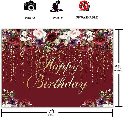 Funnytree 7x5ft Happy Birthday Party Backdrop Burgundy Red Flowers Golden Glitter Floral Photography Background Women Lady Girl Cake Table Decorations 16th 30th 40th 50th 60th Banner Photo Booth