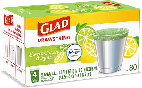 Glad Small Kitchen Drawstring Trash Bags 4 Gallon Green Trash Bag Febreze , Sweet Citron & Lime, 80 Count (Package May Vary)