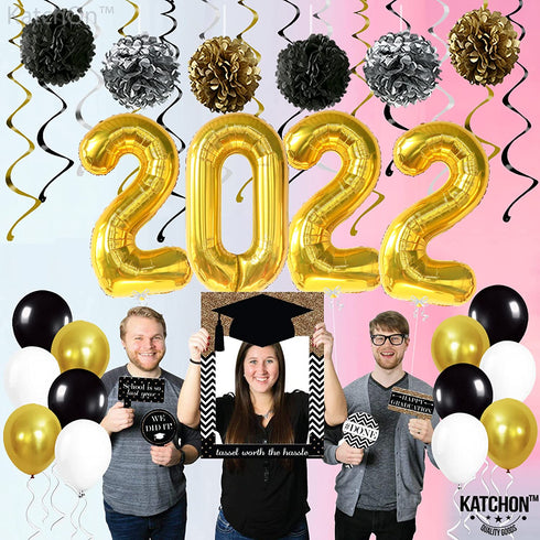 Gold 2022 Balloons Numbers Set - 40 Inch, Pompoms and Hanging Swirls | Black and Gold Graduation Decorations 2022 | Graduation Party Decorations 2022 | Class of 2022 Decorations, Graduation Balloons