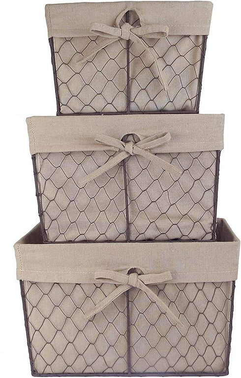 DII Farmhouse Chicken Wire Storage Baskets with Liner, Set of 3, Rustic Natural, Assorted Sizes