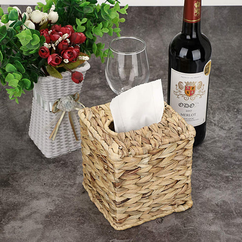 Sumnacon Square Woven Tissue Box Cover - Decorative Napkin Holder Pumping Paper Case Dispenser, Natural Water Hyacinth Wicker Facial Box for Home Office Decor