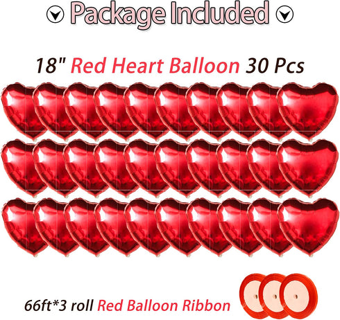30 pcs Red Heart Balloons 18" Heart Love Foil Balloon , Helium Support Valentines Day Wedding Bridal Engagement Party Anniversary Decorations (30 pcs 18")