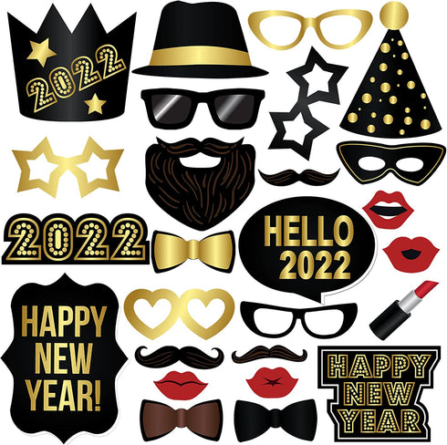 Large, New Year Photo Booth Props 2022 Pack of 26 | Black, Gold Foil New Years Eve Photo Booth Props | New Years Photo Props for Happy New Year Decorations 2022 | New Years Eve Party Supplies 2022
