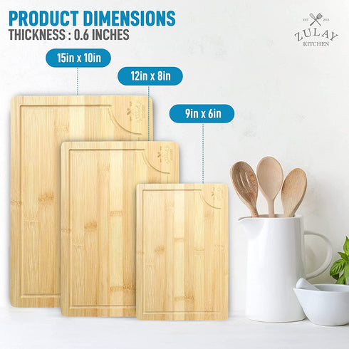 Zulay Kitchen 3-Piece Bamboo Cutting Board With Juice Groove - 100% Thick Wood Cutting Board Set - Large Cutting Board Bamboo With Handle - Wood Cutting Boards For Kitchen