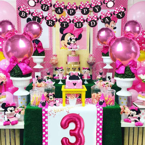 Cartoon Mouse Party Decorations Supplies 3rd Theme Hot Pink Happy Birthday Banner Garland Head Balloons Cake Topper for 3 Year Old Girl
