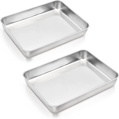 Baking Pans Set of 2, E-far 12.4? x 9.6? x 2? Stainless Steel Rectangular Cake Pans, Baking Sheet Pan for Lasagna Brownies Casseroles, Non-toxic & Healthy, Dishwasher Safe