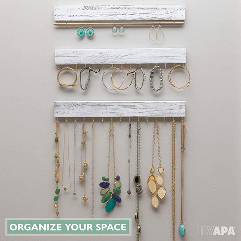Ilyapa Wall Mounted Jewelry Organizer, Rustic White Wood - Earring, Bracelet and Necklace Holder - 3 Piece Jewelry Hanger Rack Set