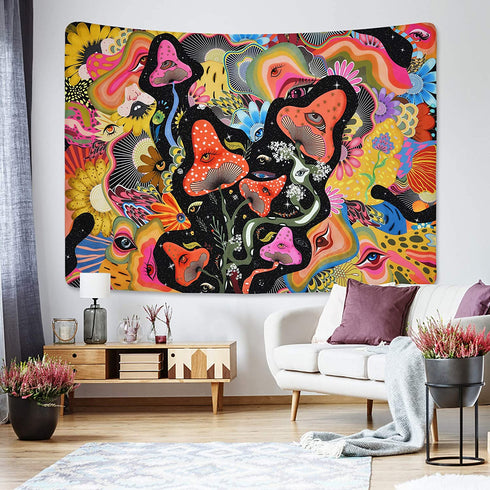 Mushroom Tapestry Hippie Eyes Tapestries Stars Tapestry Colorful Flowers Tapestry Wall Hanging for Room(51.2 x 59.1 inches)
