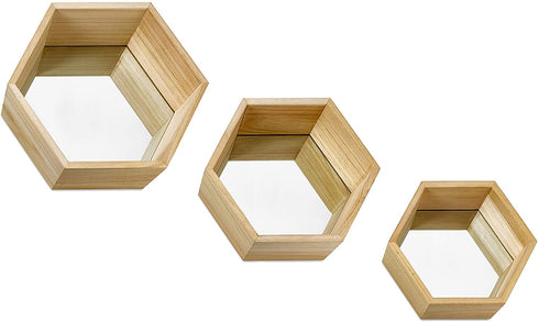 PARNOO Wall Mirror Set of 3 Hexagonal Wood Frame Mirrors | Wall Mounted Mirrors | Geometric Mirror Set for Wall Décor