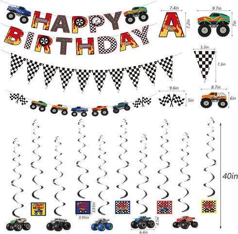 54 Pcs Monster Truck Birthday Supplies - Happy Birthday Banner Monster Truck Banner Checkered Triangle Bunting Flags, Pom Poms Flower, Hanging Swirls Truck Shape, Multicolor Balloons with Truck
