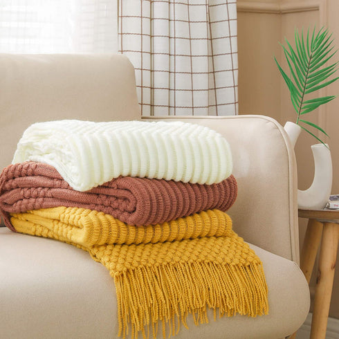 PANDAHOME Textured Throw Blanket Rust Orange Solid Soft for Sofa Couch Decorative Knitted Blanket, 50" x 60", Red Mud