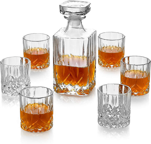 Crystal Cut Whiskey Decanter and 6 Old Fashion Glasses European Style for Bourbon, Scotch, Whiskey or Wine - Perfect Wedding or Housewarming Gift.