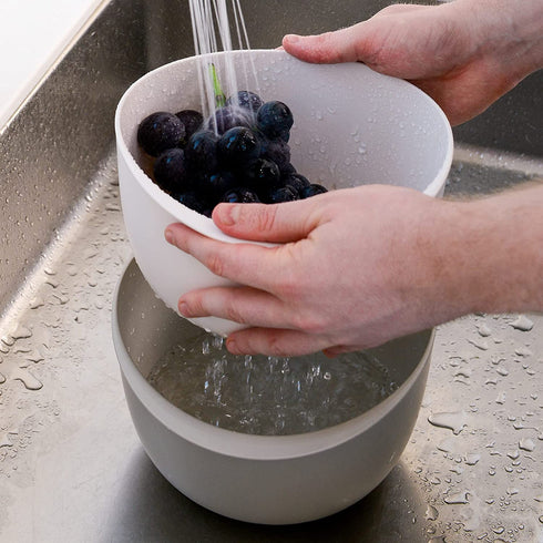 BLUE GINKGO Rice Strainer and Kitchen Colander Set - Strain Rice, Quinoa and Small Grains - Soak, Wash and Drain Vegetables and Fruit - (4 Quart Bowl) Cream and Limestone