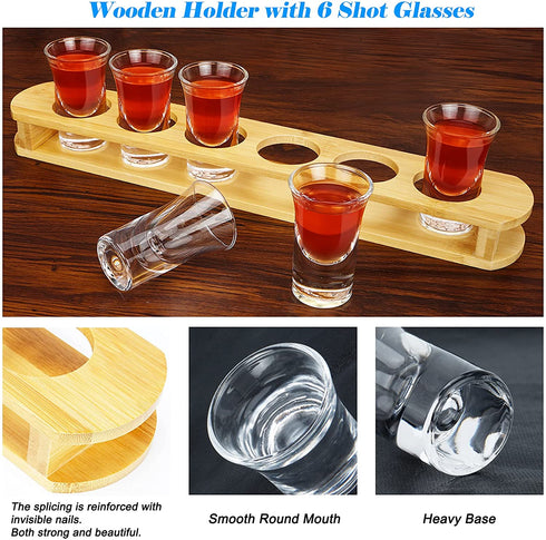 1 oz Shot Glasses with Holder, Shot Glass Set in Bamboo Wooden Shot Tray, D&Z 6 Heavy Base Shot Glasses for Whiskey/Vodka/Tequila/Cocktail/Soju, Shot Serving Tray, Good Helper for Bar/Restaurant/Party