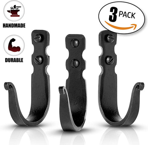 Decorative Wall Mounted Basic Hooks Wrought Iron Hooks For Kitchen And Bathroom, Rustic, Handmade Antique Farmhouse Decorative Hooks For Hanging Robe, Towels, Coats, Bags and cloths - Set of 3 (Black)