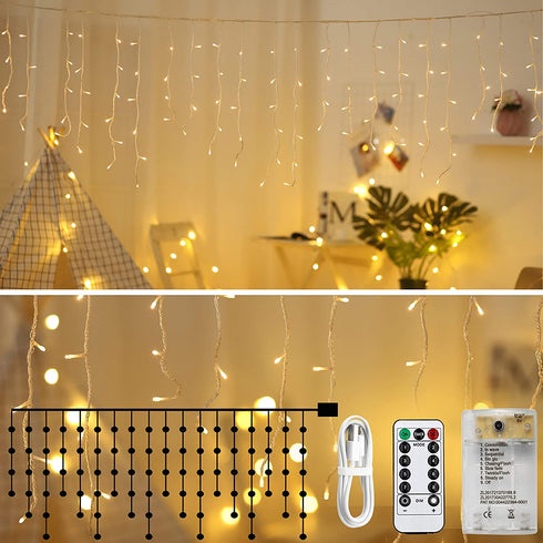 Zhuohao LED Icicle Lights, 10Ft 90 LED Window Curtain String Light, Waterproof Fairy String Lights for Indoor Outdoor Home Garden Wall Decorations, 8 Modes RC, USB Battery Powered, Warm White
