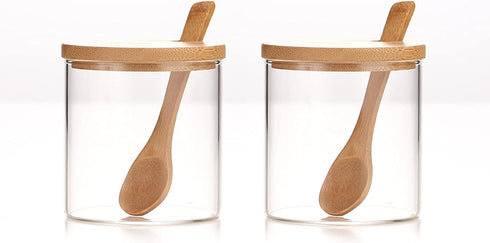 2 Sets 300ML/10Oz Clear Glass Jar with Bamboo Lid and Wooden Spoon, Cute Sugar Bowl Bath Salt Storage Canister Seasoning Container Condiment Pot with Scoop for Spice, Pepper for Kitchen, Countertop