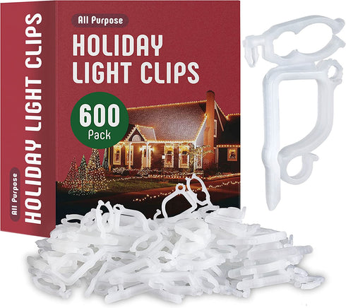 SEWANTA All-Purpose Light Clips Holder - Set of 600 Christmas light hooks - Mount holiday lights to shingles and gutters - works with Rope, Mini, c-7-6-9, icicle lights - USA made - No tools required