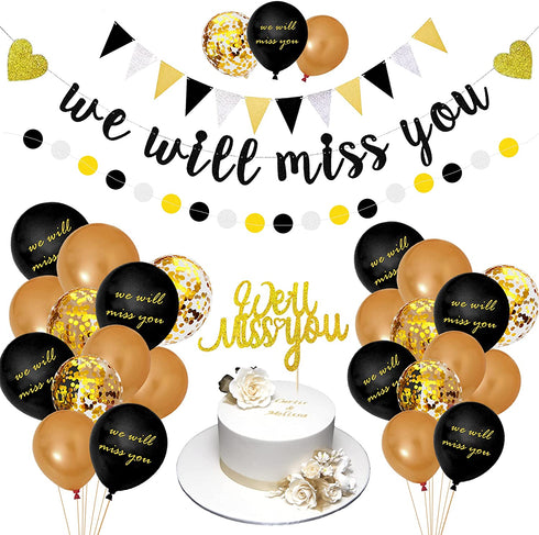 We Will Miss You Banner Coworker Going Away Farewell Decorations Gold Black Glitter Dot Circle Garland Triangle Flag Banner For Goodbye, Retirement, Job Change, later traitor party supplies