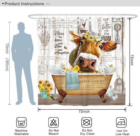 DESIHOM Farmhouse Cow Shower Curtain Rustic Wood Shower Curtain Funny Farm Animal Shower Curtain Country Shower Curtain Polyester 72x72 Inch