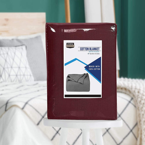 Utopia Bedding Cotton Twin Blanket Burgundy - 72 x 90 Blanket for Bed - 350 GSM Soft Breathable Blanket