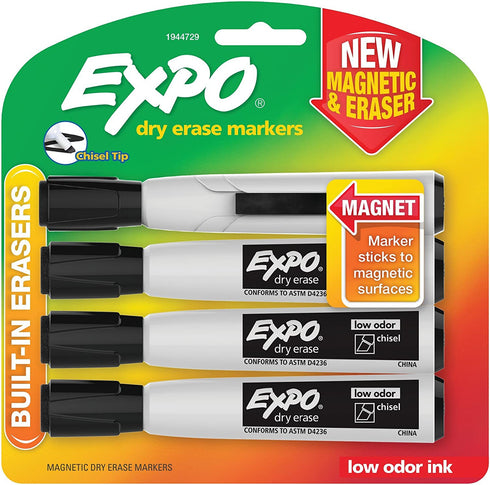 EXPO Magnetic Dry Erase Markers with Eraser, Chisel Tip, Black, 4-Count