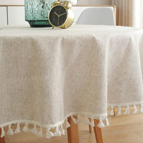 Round Tablecloth, DarNio Cotton Linen Table Cloth with Tassel Dust-Proof Table Cover for Kitchen Dining Tabletop Decoration Diameter 60 Inch