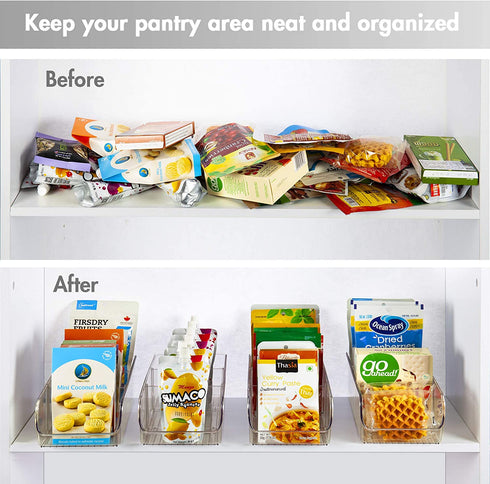 YIHONG 2 Pack Food Packet Organizer Bins, Plastic Clear Pantry Bins for Holding Seasoning Packets, Spice Packets, Pouches, Snacks in Kitchen, Cabinets or Countertop, with 2 Removable Dividers
