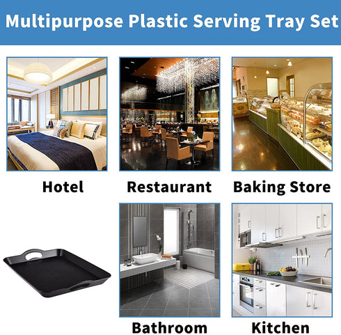 Plastic Tray with Handles, 2 Pack Multi-Purpose Rectangular Non Slip Restaurant Serving Trays Set for Parties, Coffee Table, Kitchen (Black-A)