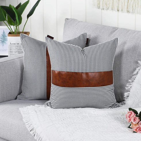 MANDIOO Pack of 2 Farmhouse Decorative Throw Pillow Covers Boho Accent Cushion Cases Pillowcases for Couch Sofa Bedroom Faux Leather Cotton Linen Stripe 20x20 Inches Black