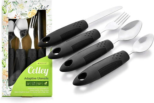 Celley Adaptive Utensils for Elderly, Arthritis, Parkinsons and Handicapped, Non-Weighted, 4 Pcs Set