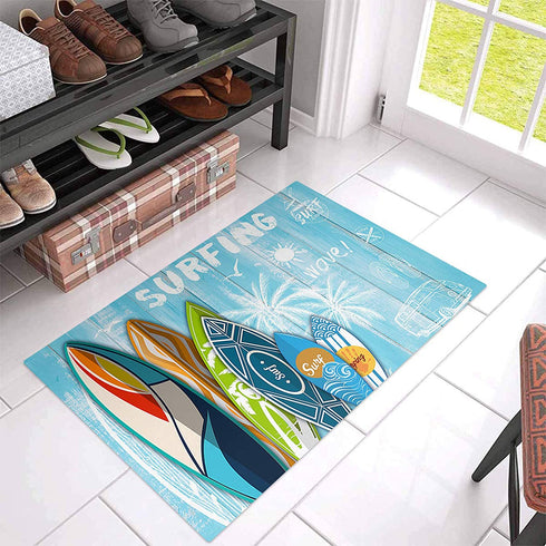 Beach Coastal Surfboard Indoor Doormat Front Door Mats, Water Absorbent Non Slip Entrance Rugs,Summer Theme Holiday Floor Bath Rug for Bedroom Bathroom Living Room 16x24in