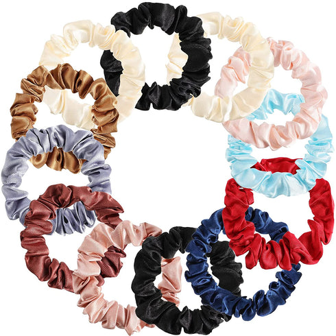 12 Pieces Small Silk Scrunchies for Hair Mini Satin Scrunchy Elastic Ponytail Holders Thin Hair Bands Thick Curl Hair Ties Skinny Hair Ties Ropes for Women Girl (Fresh Color)