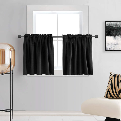 DONREN 24 Inch Length Curtains- 2 Panels Blackout Thermal Insulating Small Curtain Tiers for Bathroom with Rod Pocket (Black,42 Inch Width)