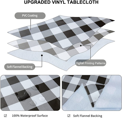 misaya 60" Round Tablecloth, Buffalo Plaid Vinyl Table Cloth, Waterproof Table Cover with Flannel Backing for Kitchen, Fall Picnic, Halloween and Christmas Party, Black and White