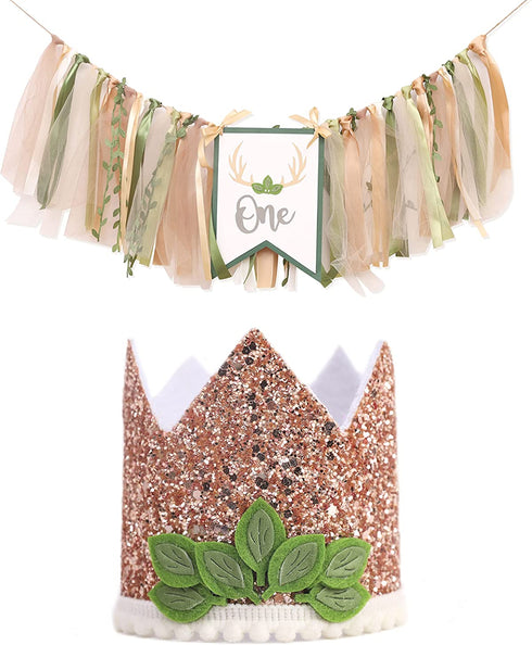Woodland 1st Birthday Decorations - Oh Deer One Banner High Chair, Green Leaf Birthday Crown, highchair decorations for 1st birthday, Woodland Birthday Party Supplies, Enchanted Forest Party Decor