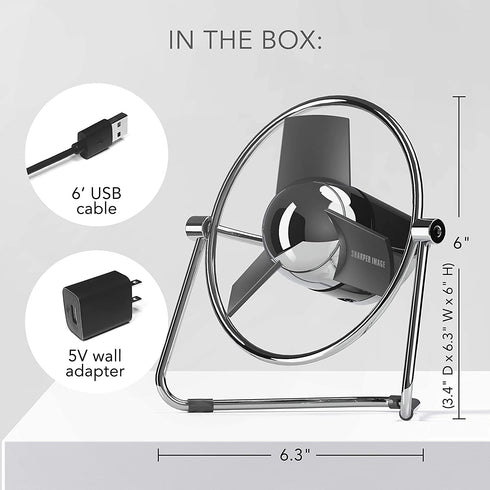 Sharper Image SBM1-SI USB Fan with Soft Blades, 2 Speeds, Touch Control, Quiet Operation, Metal Frame, 5V Wall Adapter, 6 ft. Cable, Personal, Black/Chrome