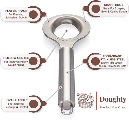 DOUGHTY - Dough Kneading & Mixing Tool - Stainless Steel Hand Mixer - Ideal for Thick Sticky Doughs - Great Bread Kneading Tool & Danish Dough Whisk Alternative - Gift Box Included