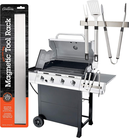 Magnetic Stainless Steel BBQ Tool Bar Rack 16" x 1.5" - Hands Free Grill Utensil Organizer, Storage, and Holder - Strong Magnet or Optional Adhesive Strip Attaches to Your Grill - Hangs up to 10 Tools