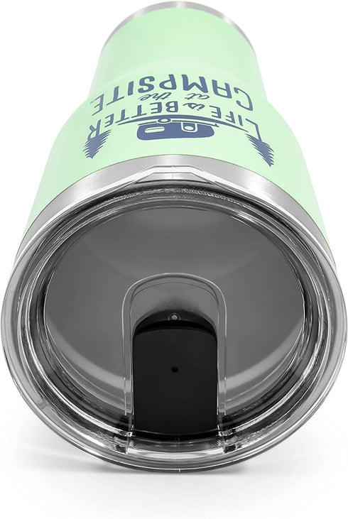 Camco Life is Better at The Campsite Stainless Steel 30 oz. Tumbler with Double Wall Insulation - Leak Proof Lid, Won't Sweat, Great For Hot and Cold Drinks - Green (53064)