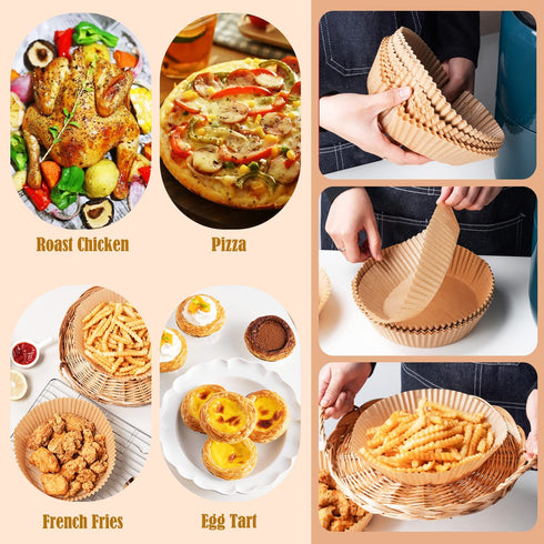 DERGUAM 100 PCS Air Fryer Disposable Paper Liner, Non-Stick Baking Parchment, Air Fryer Liners with Food Tong and Baking Brush for Baking Roasting Microwave Frying Pan, 7.8"