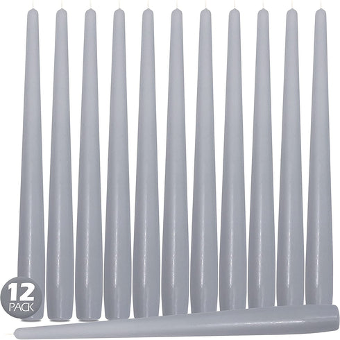 Hyoola Tall Taper Candles - 10 Inch Silver Grey Unscented Dripless Taper Candles - 8 Hour Burn Time - 12 Pack