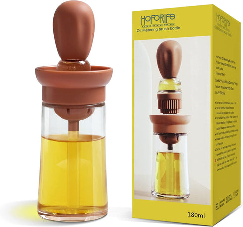 HOFORIFE Glass Olive Oil Bottle And Brush 2 In 1, Silicone Dropper Measuring Oil Dispenser Bottle Kitchen Cooking Baking BBQ Grill Vinegar Turkey Basting Pastry Brushes