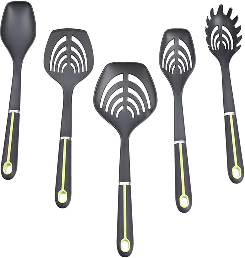 Amazon Basics 5-Piece Nylon Kitchen Cooking Utensil Set, Soft Grip Handle, Grey and Green