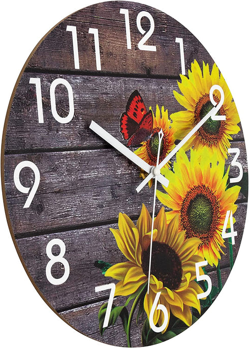 Lumuasky Sunflowers Wooden Wall Clock, 12 Inch Battery Operated Silent Non Ticking Round Retro Decorative Clock for Bathroom, Bedroom, Living Room, Kitchen, Office, School (Butterfly)